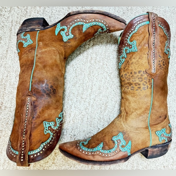 Old Gringo Shoes - Old Gringo Western Tan and Turquoise Leather Cowboy Boots Size 9B